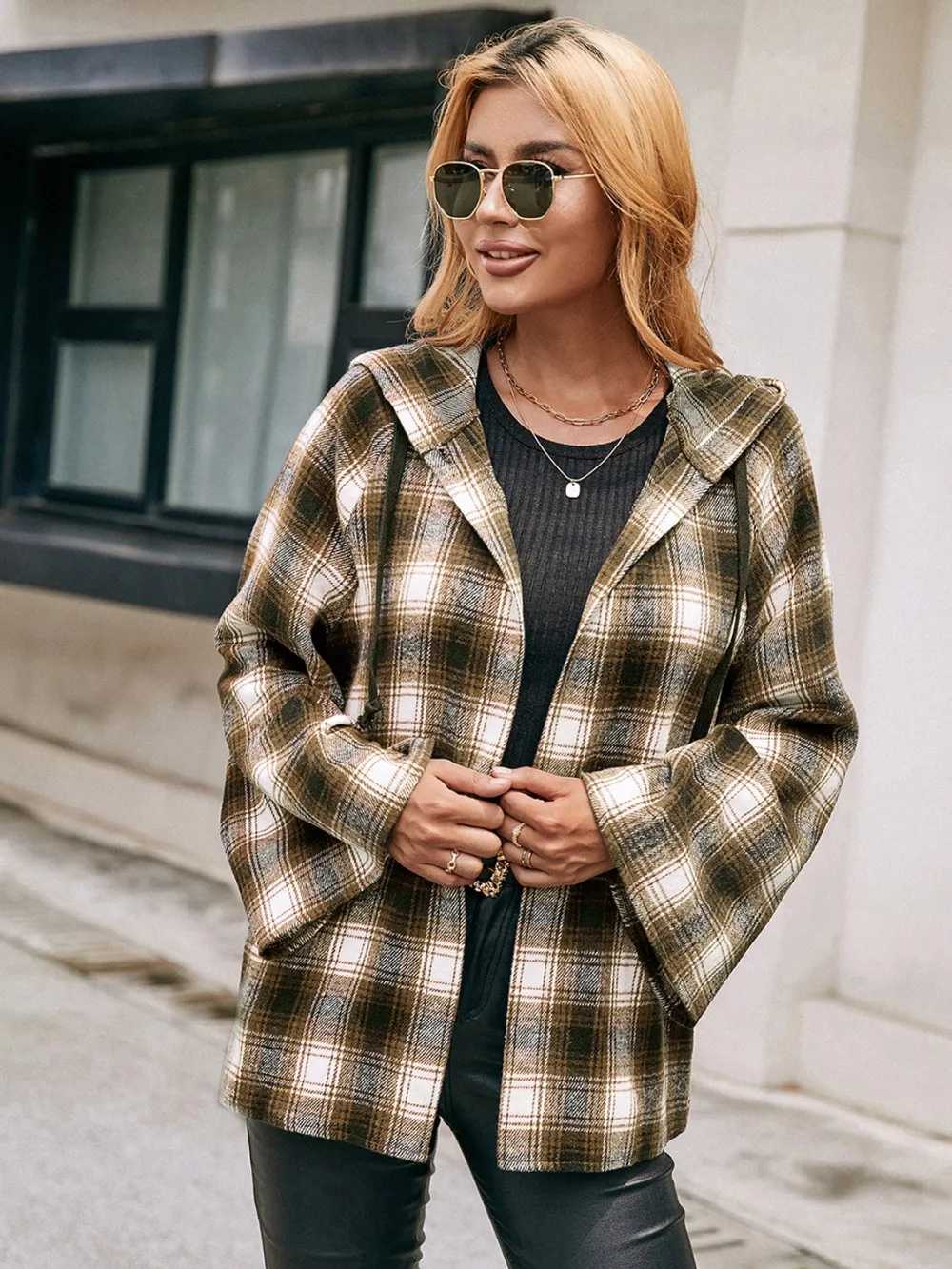 Pocketed Plaid Long Sleeve Hooded Jacket, image 5