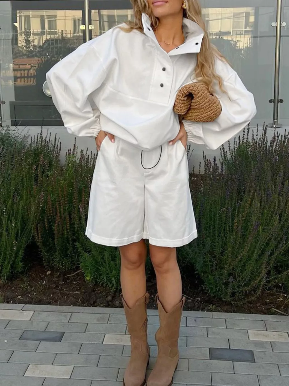 Snap Detail Long Sleeve Top and Shorts Set, image 2