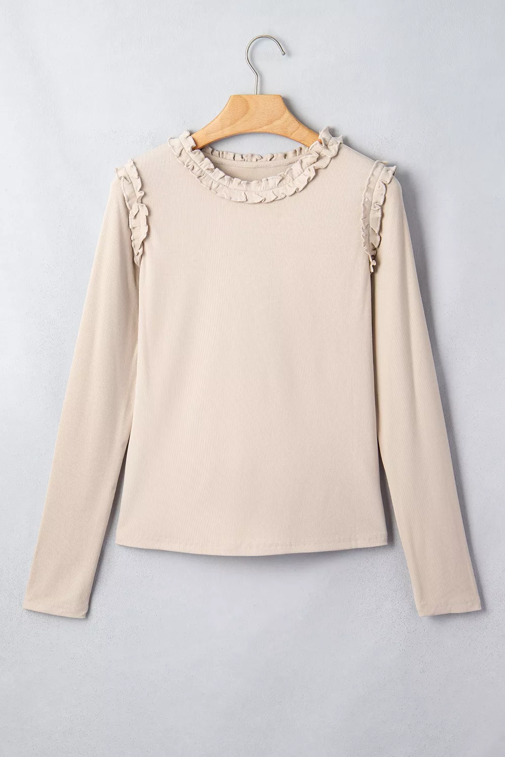 Solid Color Round Neck Frill Detail Long Sleeve Top, image 8