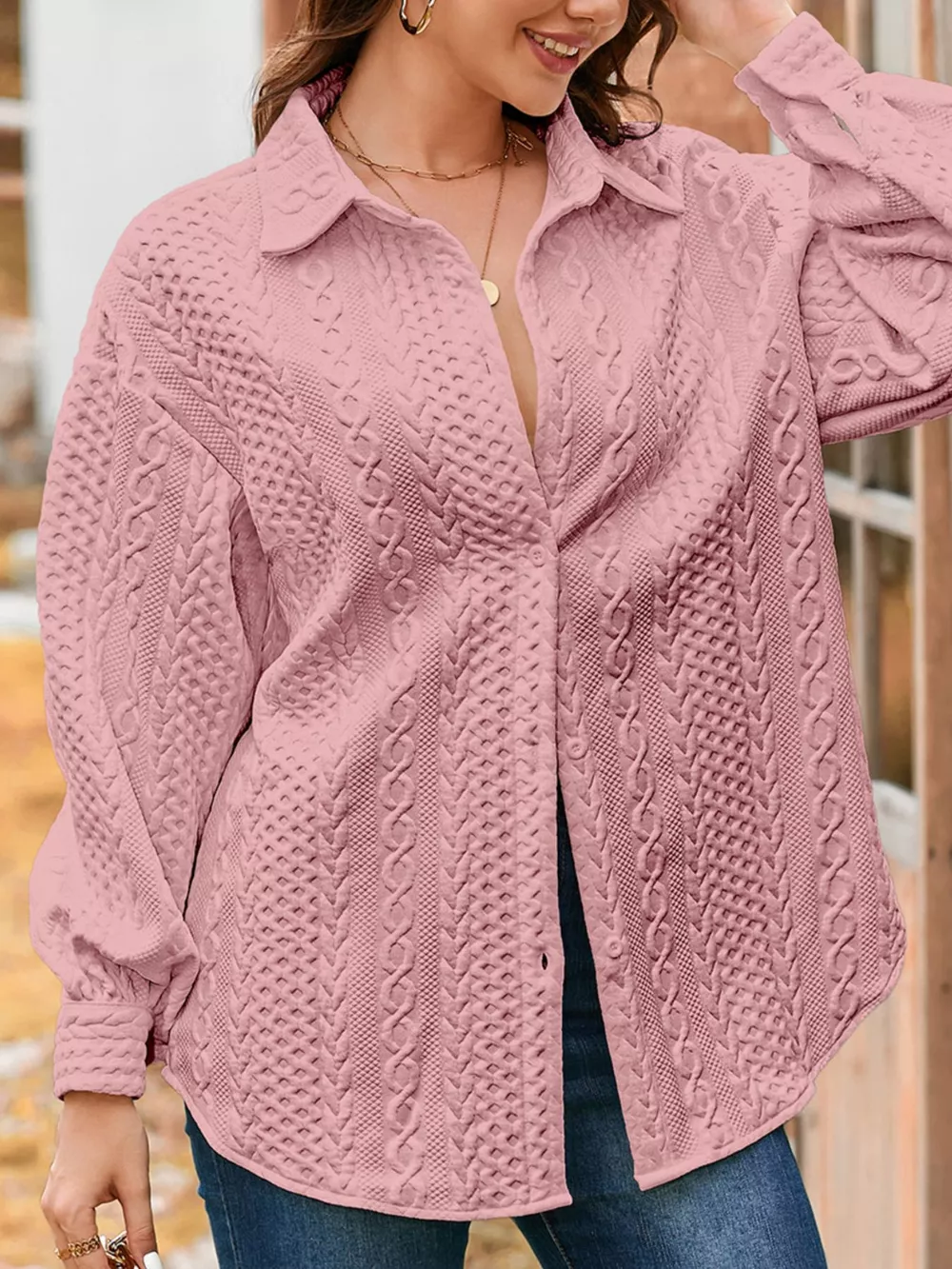 Cable Texture Puff Sleeve Loose Shacket, image 19