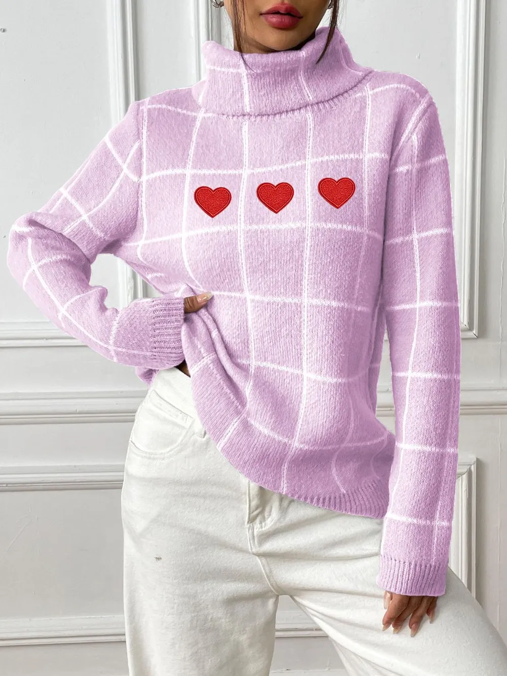 Heart Plaid Turtleneck Long Sleeve Sweater, image 13