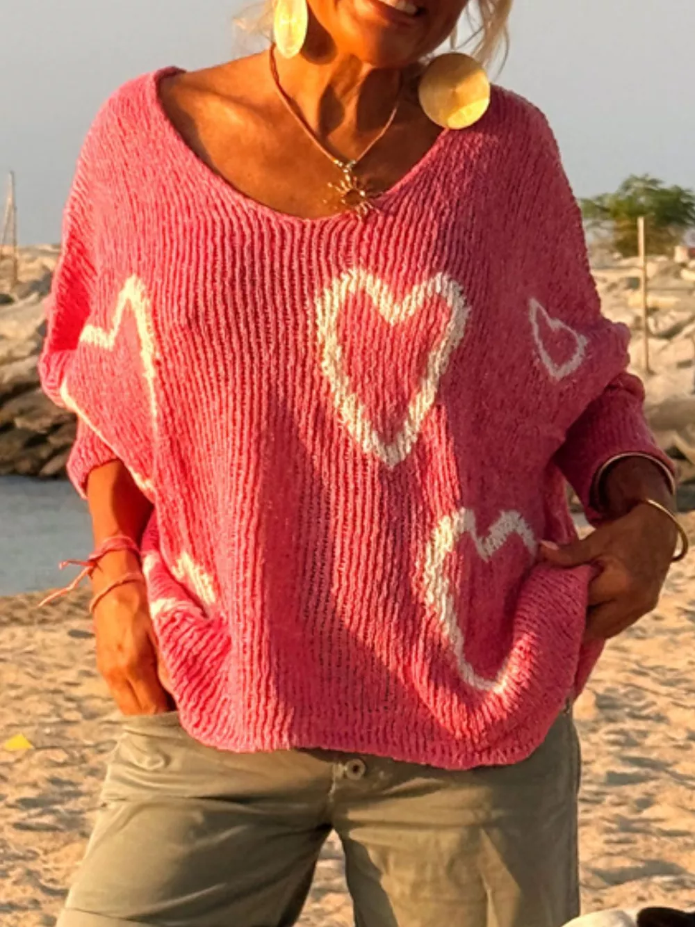 Heart V-Neck Dropped Shoulder Sweater, image 20