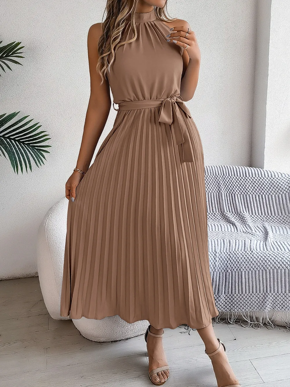 Grecian Neck Tie Waist Pleated Dress, image 18