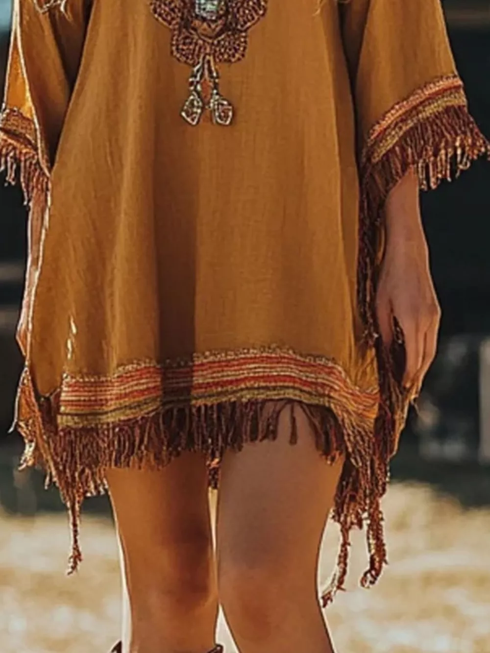 Fringe Hem 3/4 Sleeve Mini Dress, image 3