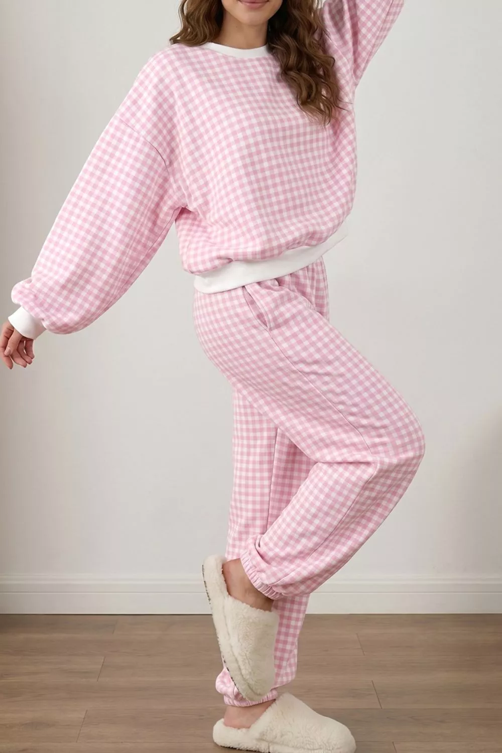 Gingham Round Neck Top and Pants Set, image 4