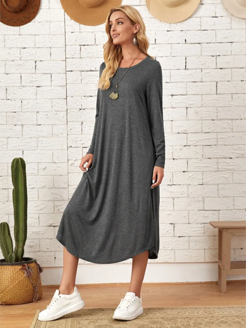 Pocketed Round Neck Long Sleeve Tee Dress, image 18