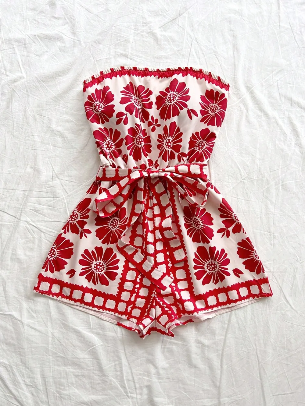 Printed Tube Tie Waist Romper, image 14