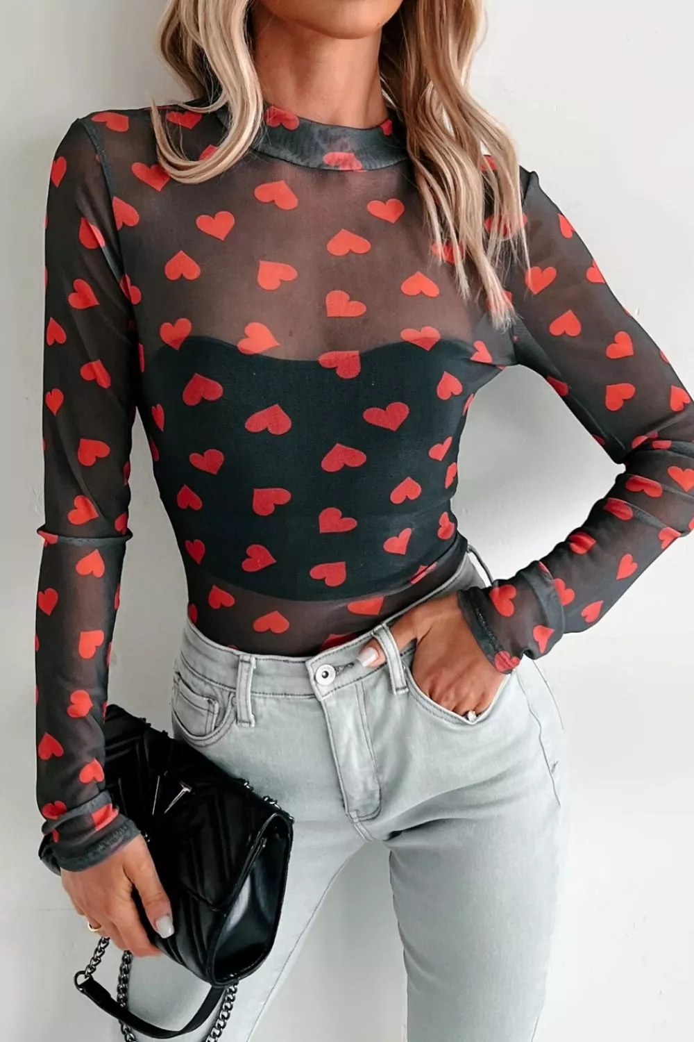 Valentines Heart Printed Sheer Mesh Long Sleeve Top, image 12