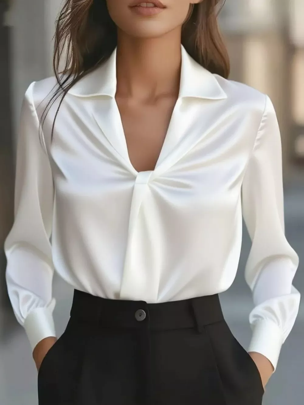 Ruched Collared Neck Long Sleeve Blouse, image 2