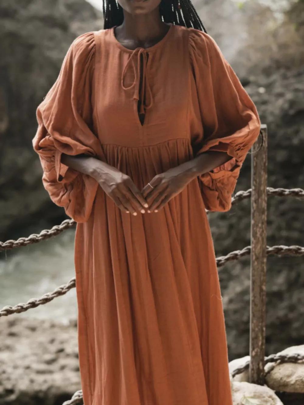 Tie Neck 3/4 Sleeve Midi Dress, image 22