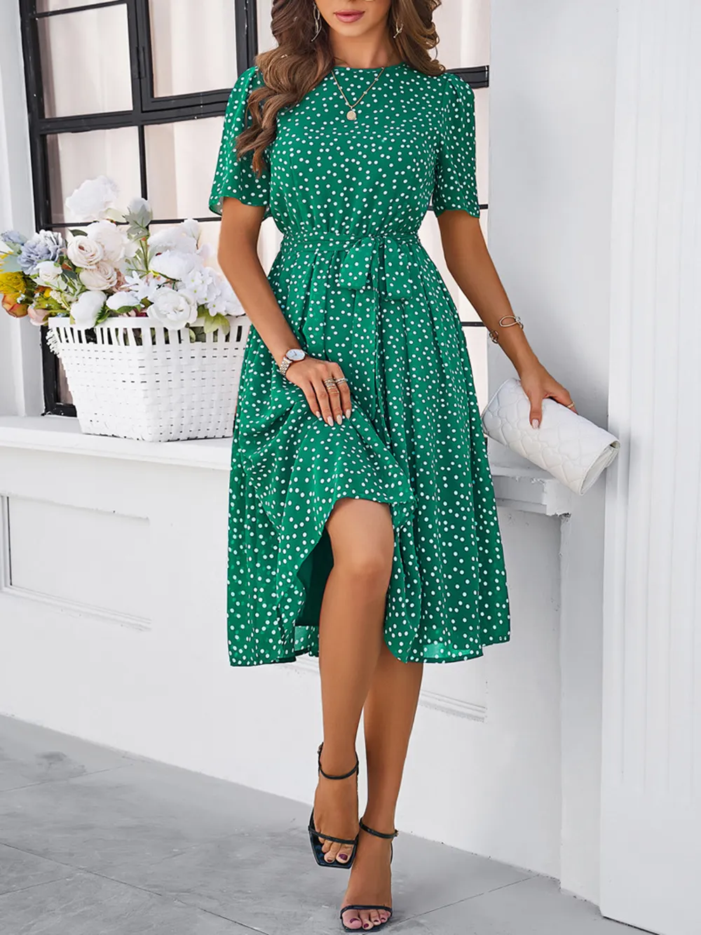 Printed Round Neck Short Sleeve Dress, image 5