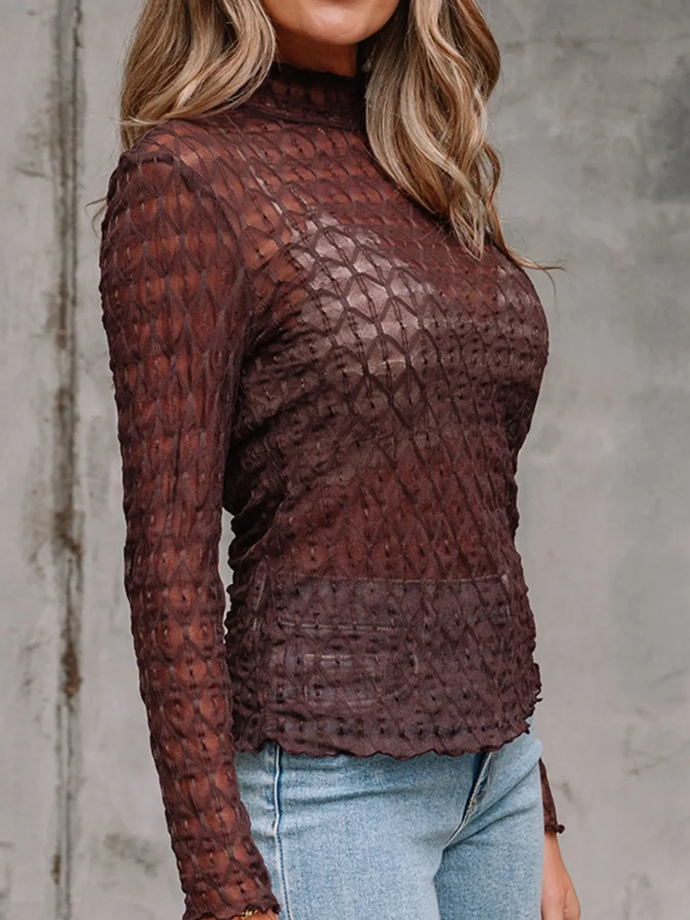 Sheer Mesh Patterned Lettuce Trim Slim Long Sleeve Top, image 5