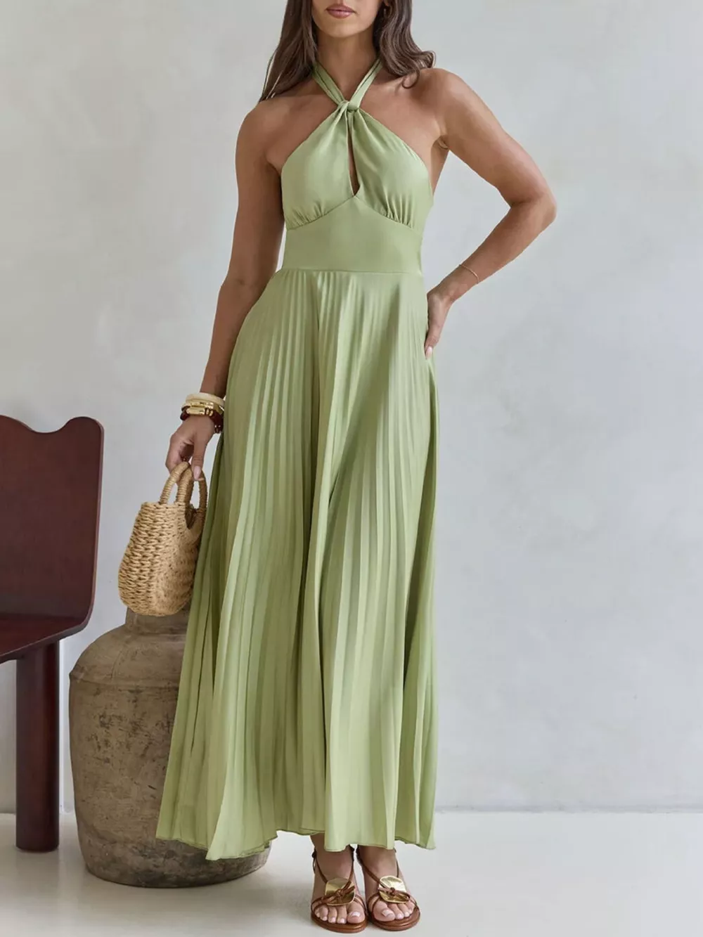Halter Neck Pleated A-Line Dress, image 16