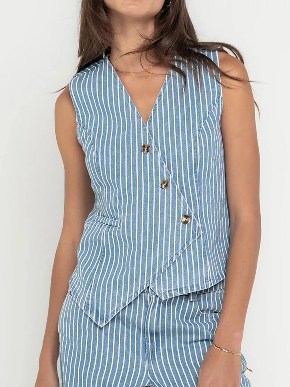 Striped Button Up Sleeveless Top and Jeans Denim Set, image 5