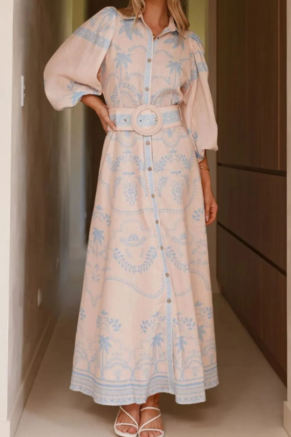 Printed Balloon Sleeve Maxi Shirt Dress, image 13