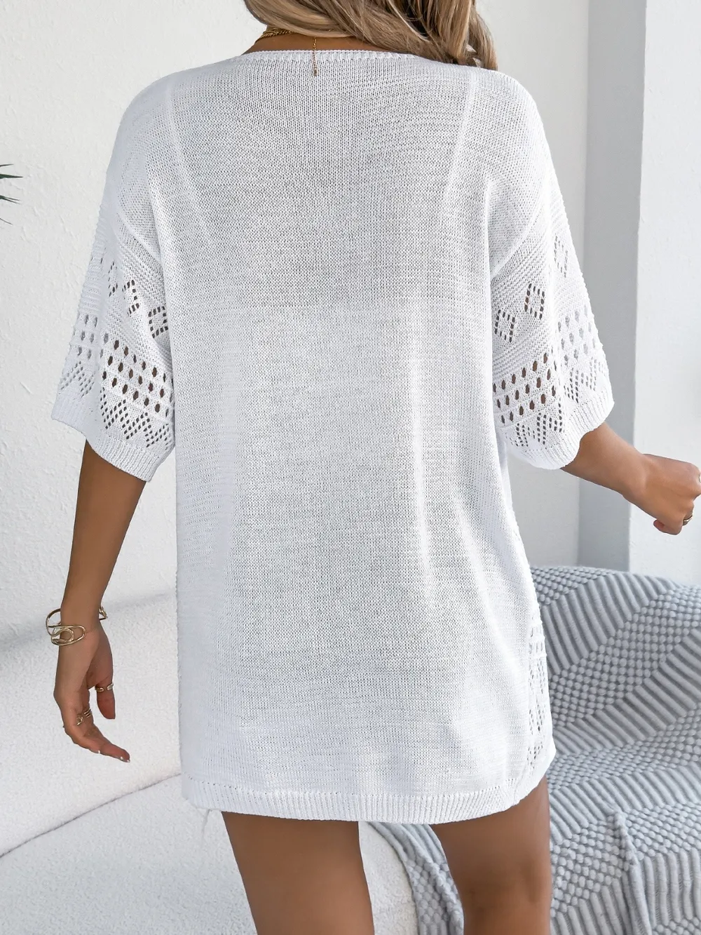 Openwork Open Front Half Sleeve Cardigan, image 8