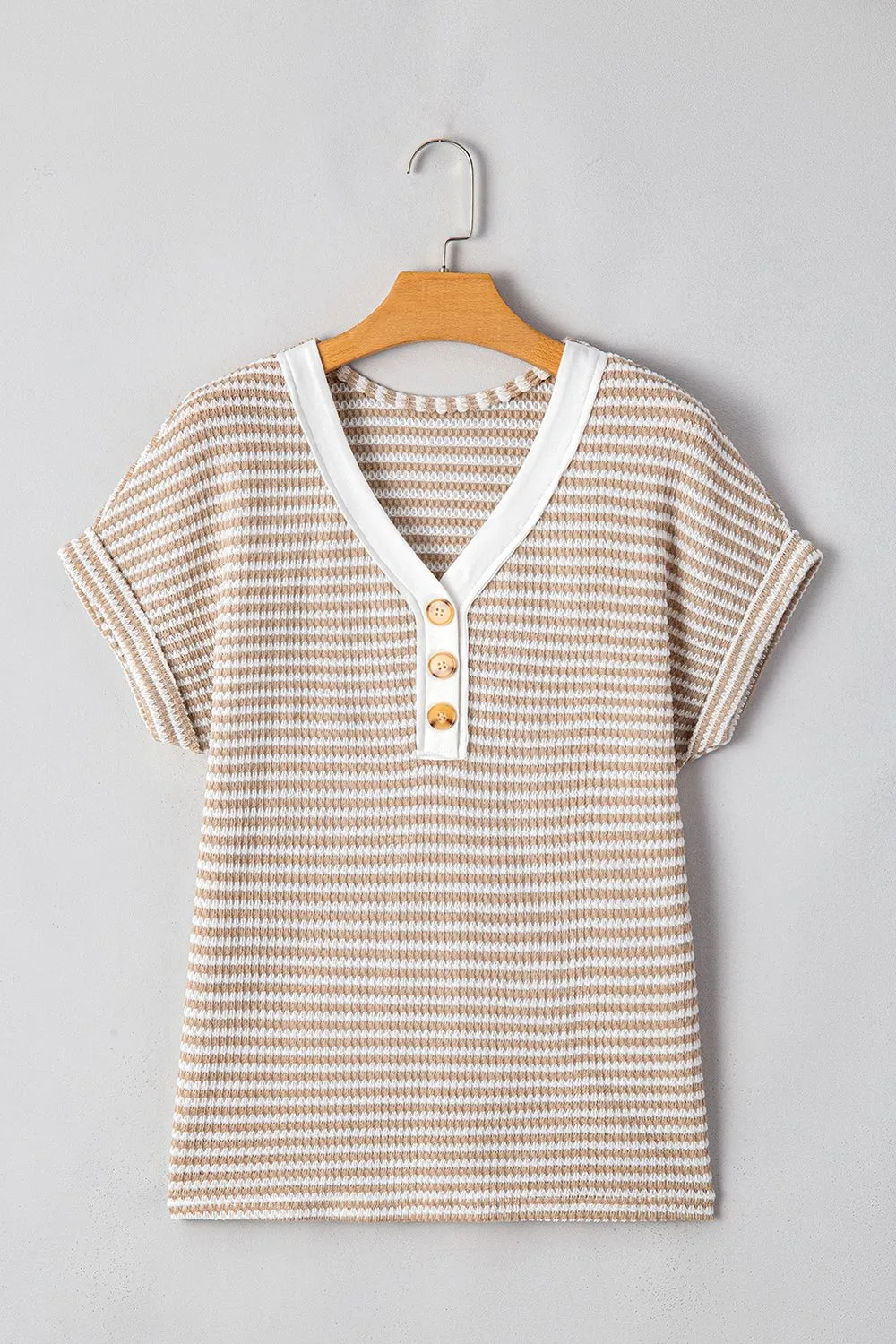 Stripe Buttoned Front V Neck T Shirt, image 11