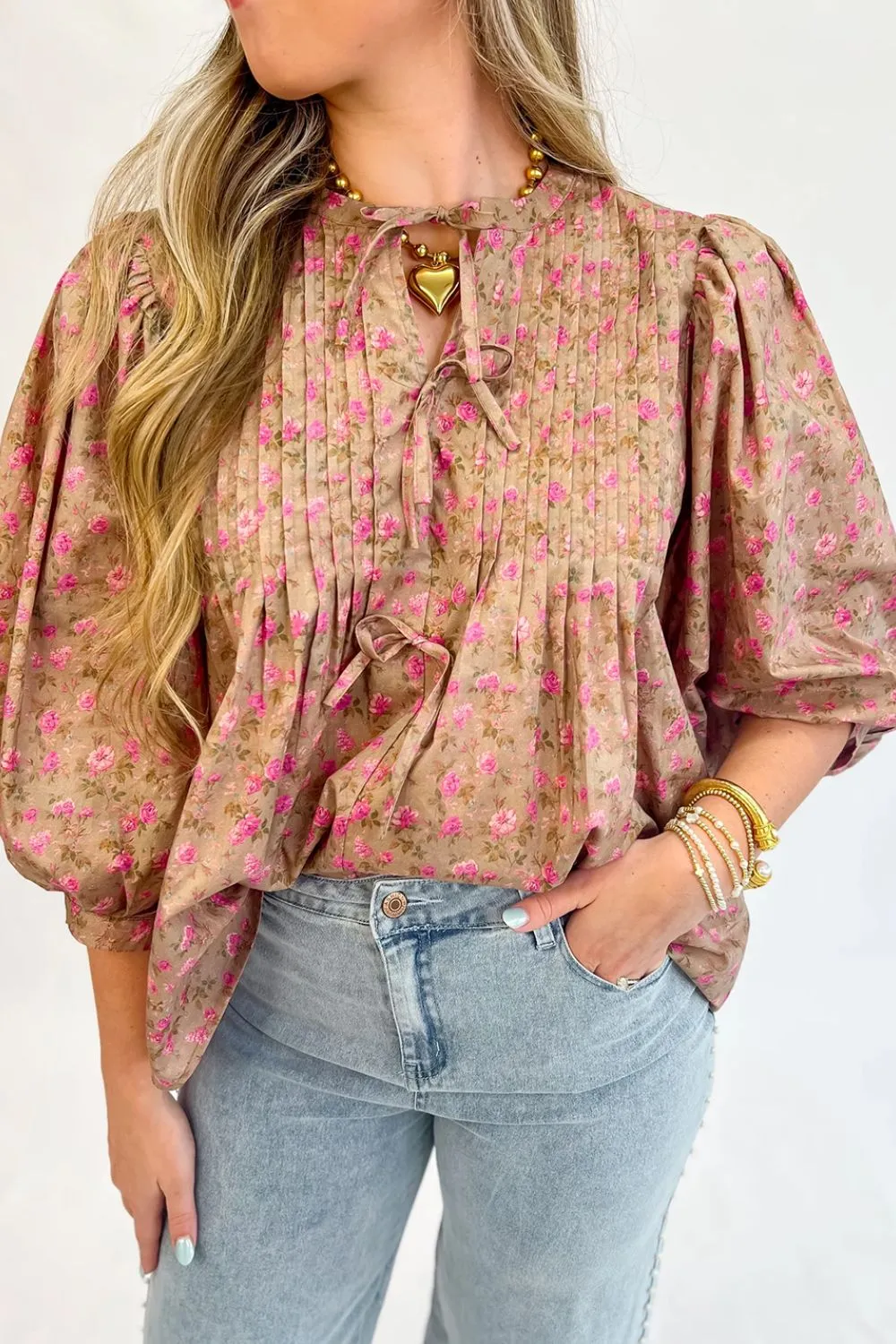 Floral Print Bow Pintuck Bust Half Puff Sleeve Blouse Top, image 4