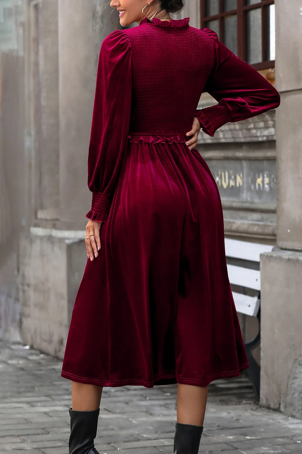 Smocked Lantern Sleeve Midi Dress, image 5