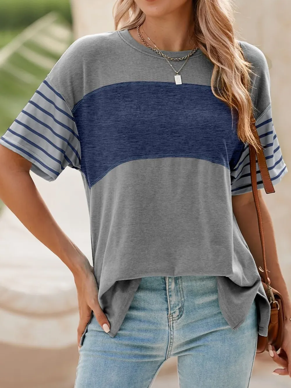 Color Block Striped Sleeve Casual T-Shirt, image 9