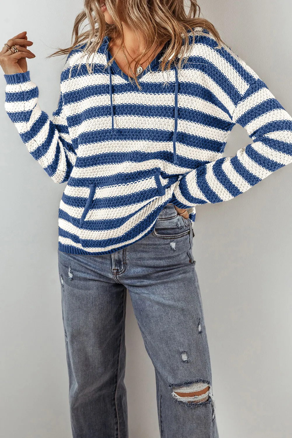 Drawstring Striped Long Sleeve Hooded Sweater, image 3