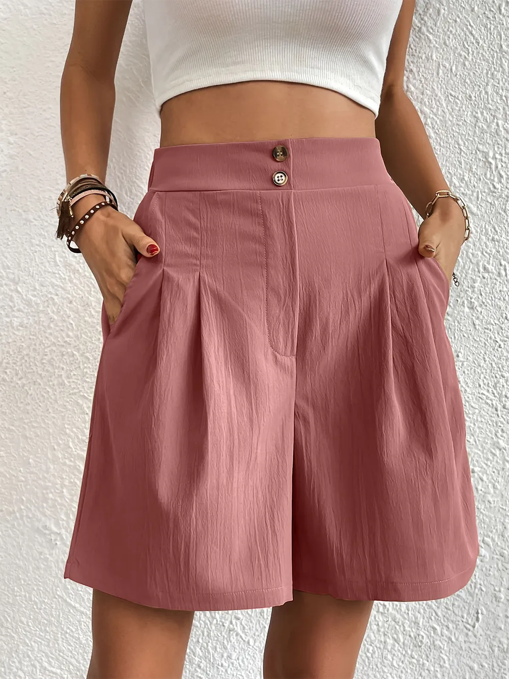 Pocketed Half Elastic Waist Shorts, image 30