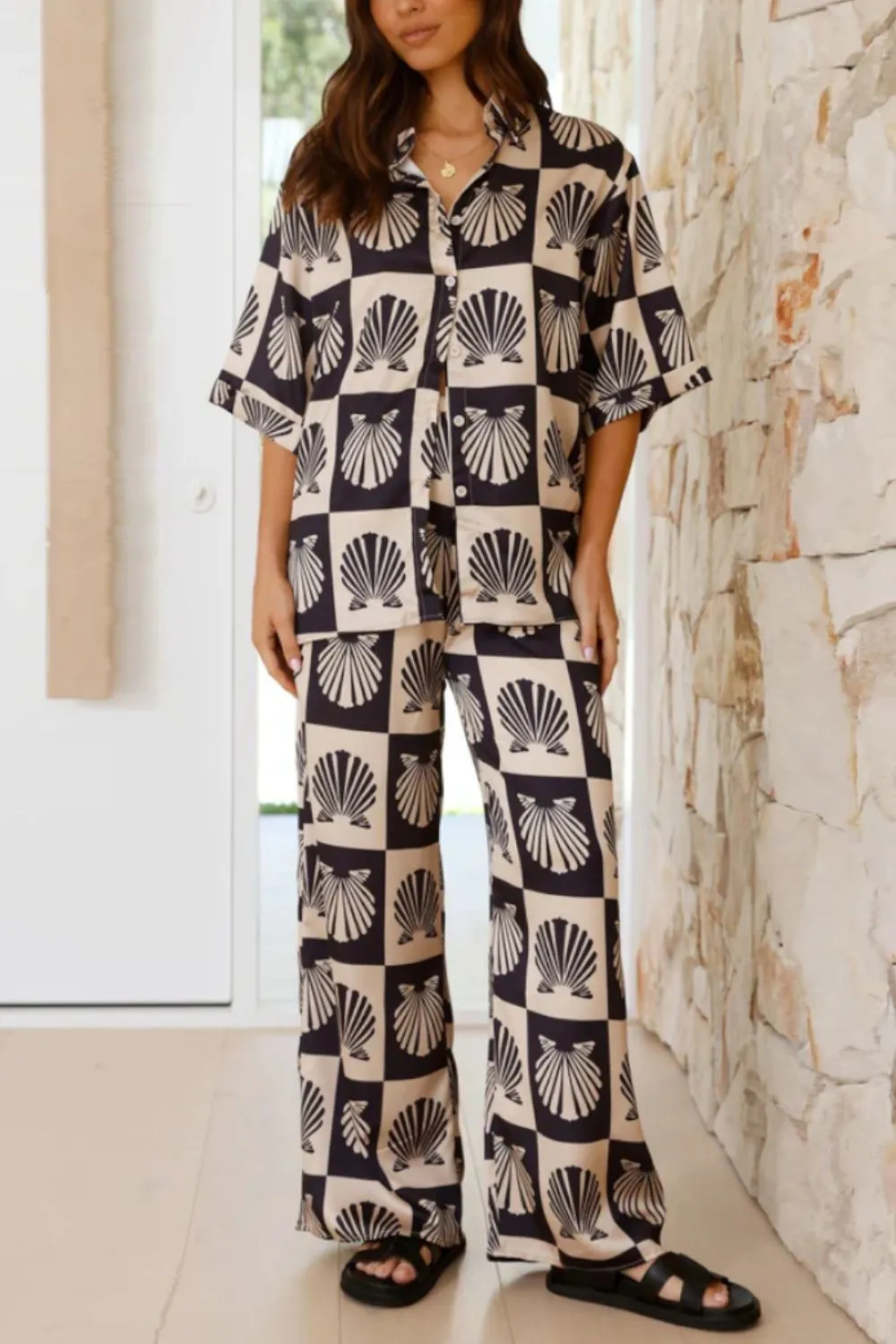 Printed Collared Neck Top and Wide Leg Pants Set, image 10