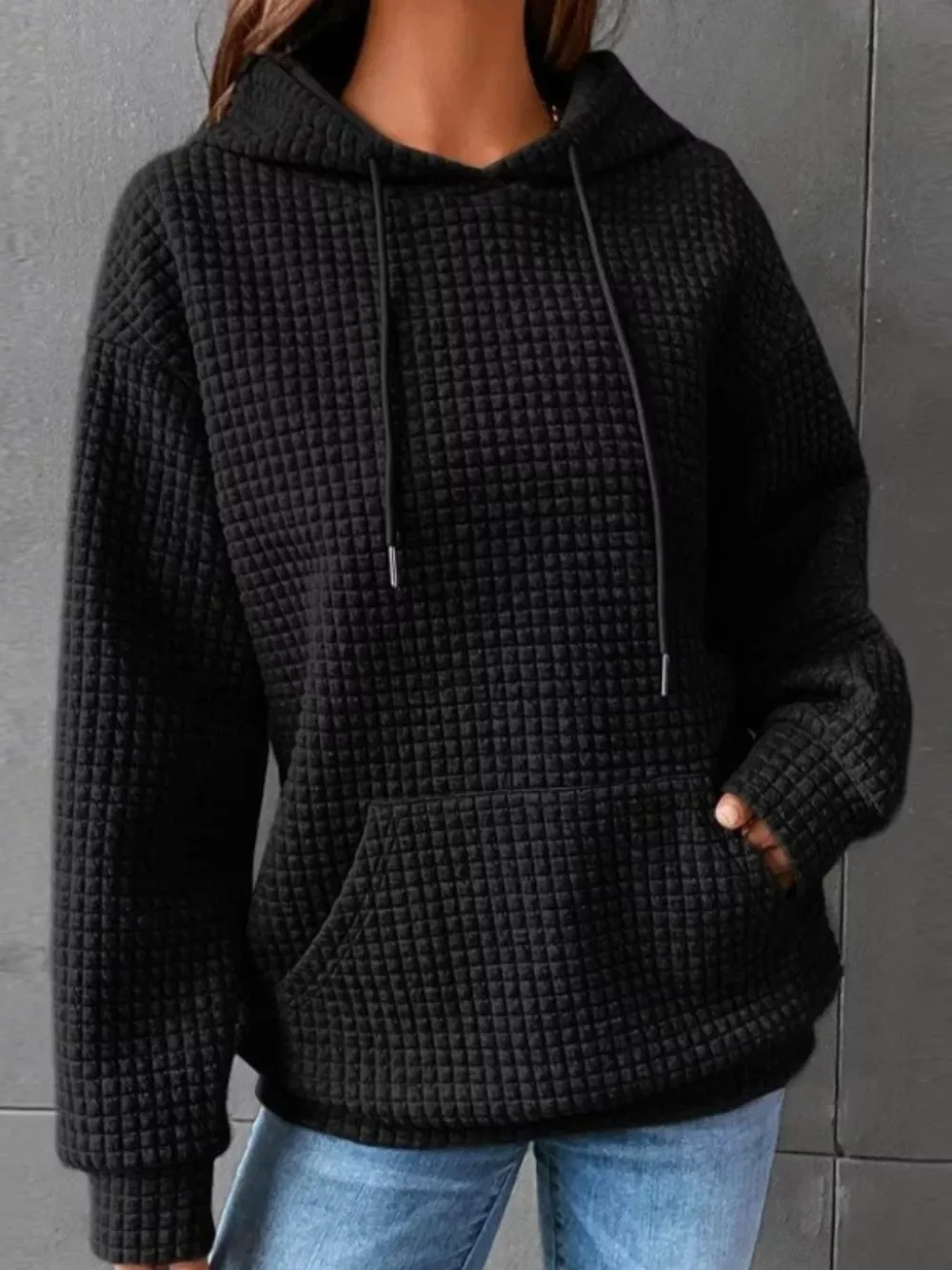 Full Size Textured Kangaroo Pocket Hoodie Plus Size, image 22