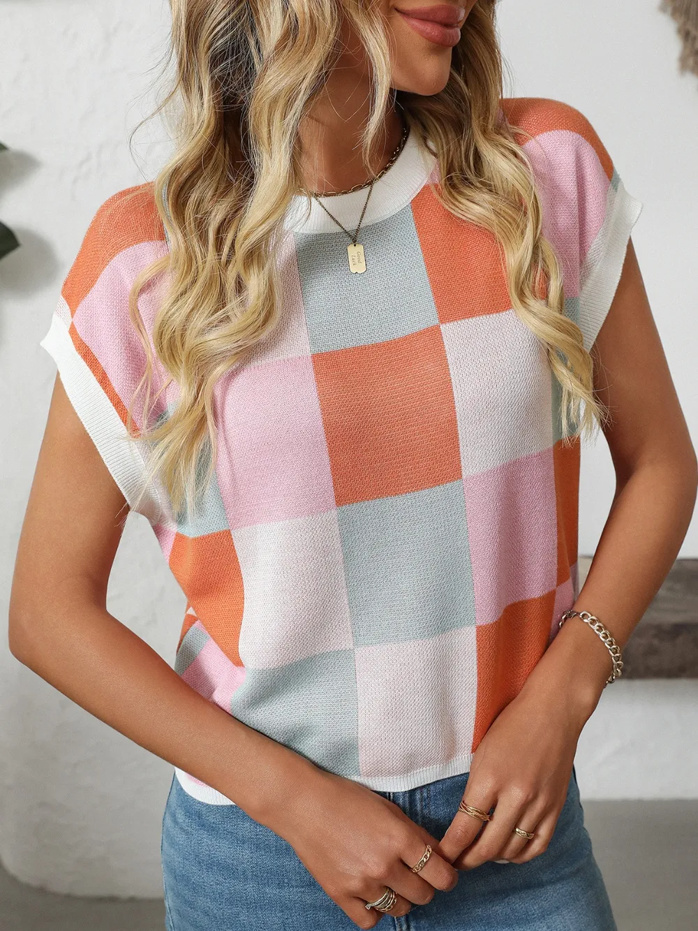 Checkered Round Neck Cap Sleeve Knit Top, image 32