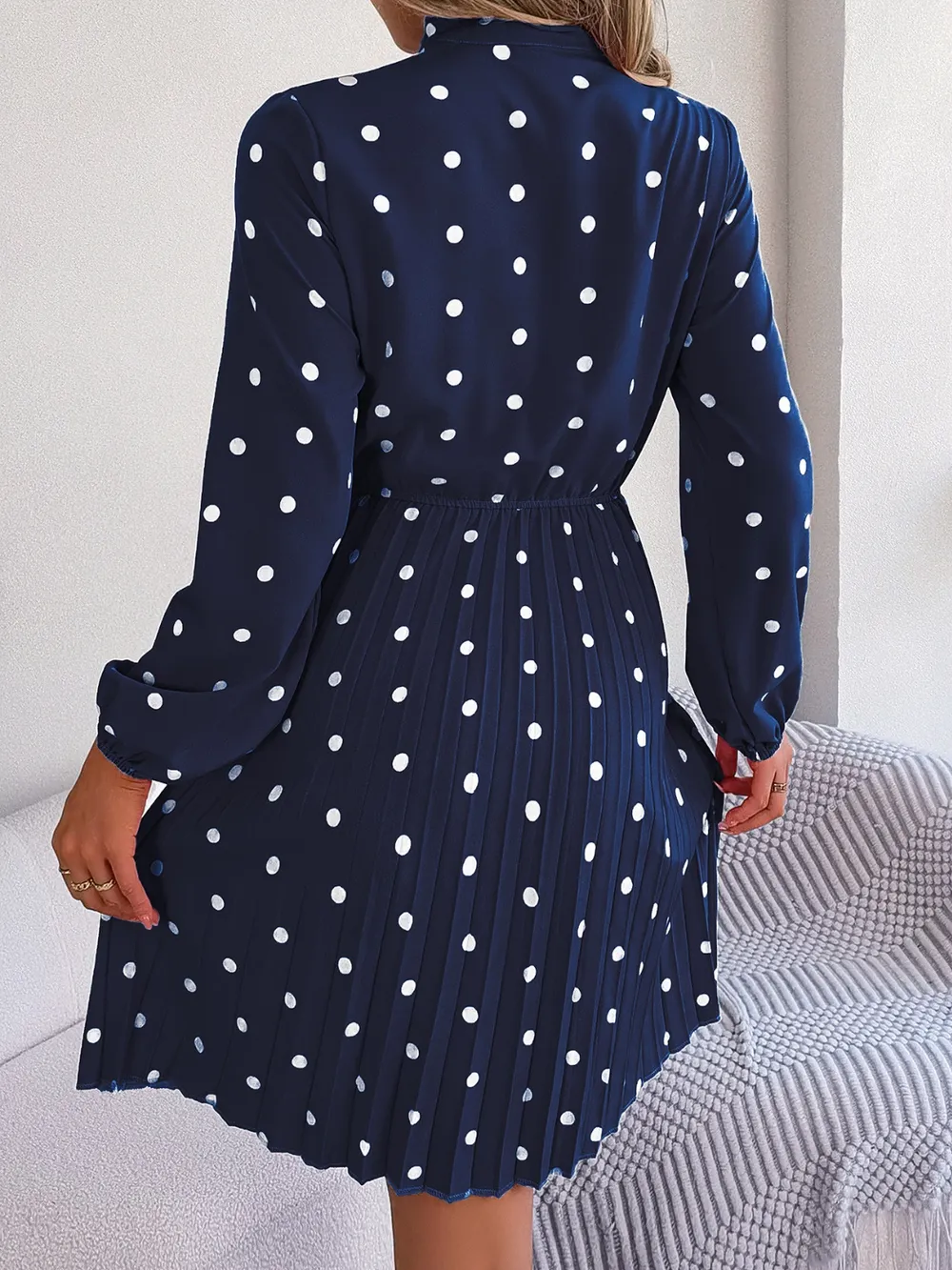 Polka Dot Tie Neck Pleated Dress, image 8