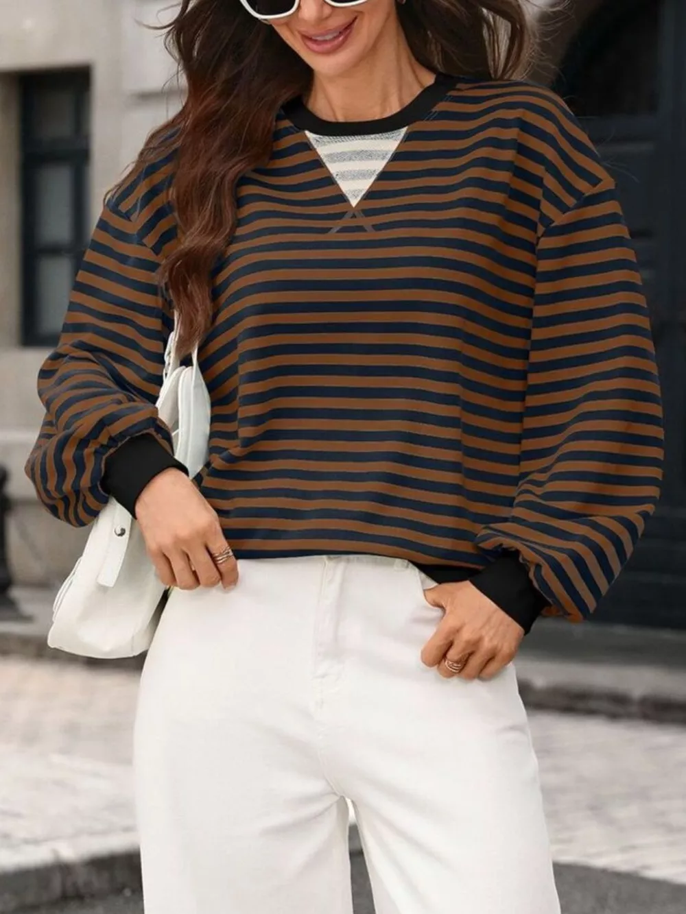 Contrast Trim Striped Crew Neck Sweatshirt, image 18