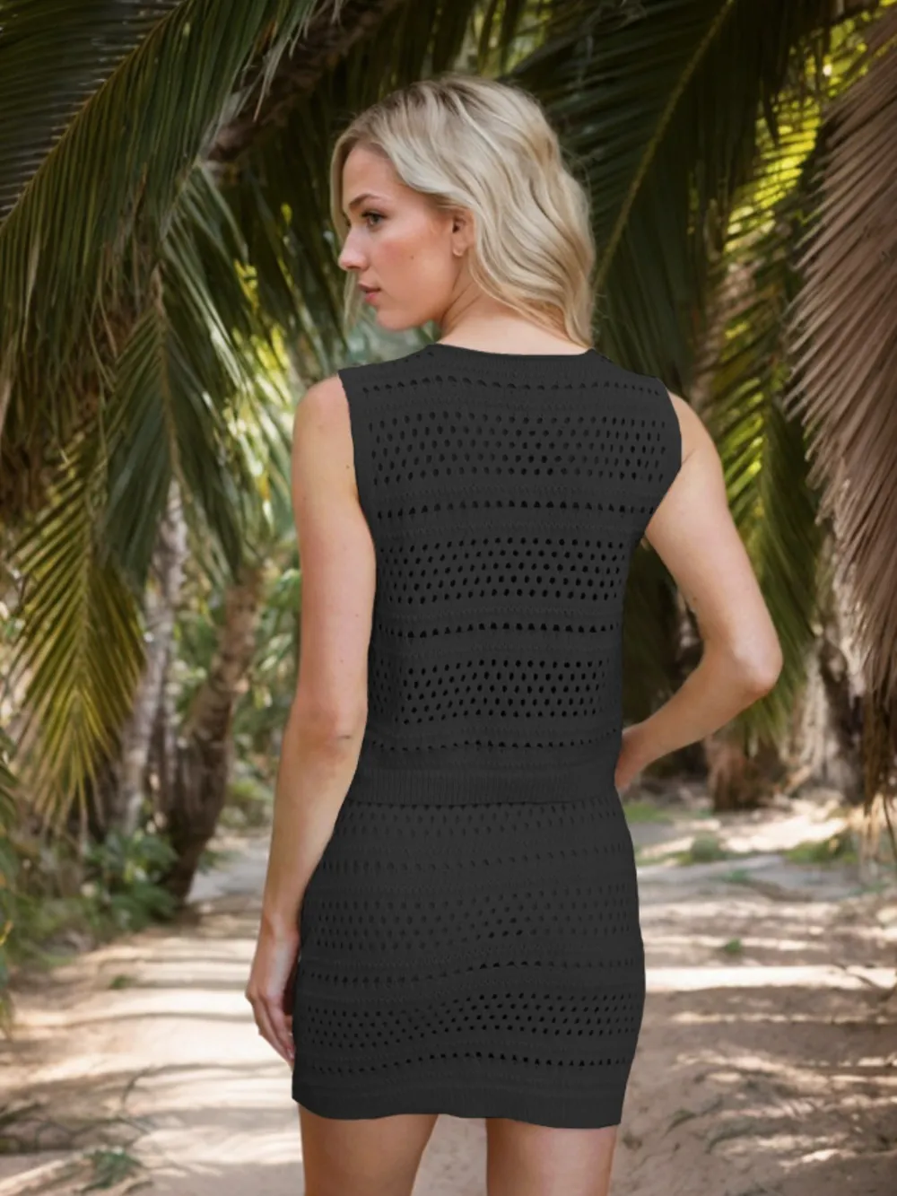 Openwork V-Neck Top and Skirt Knit Cover Up Set, image 19