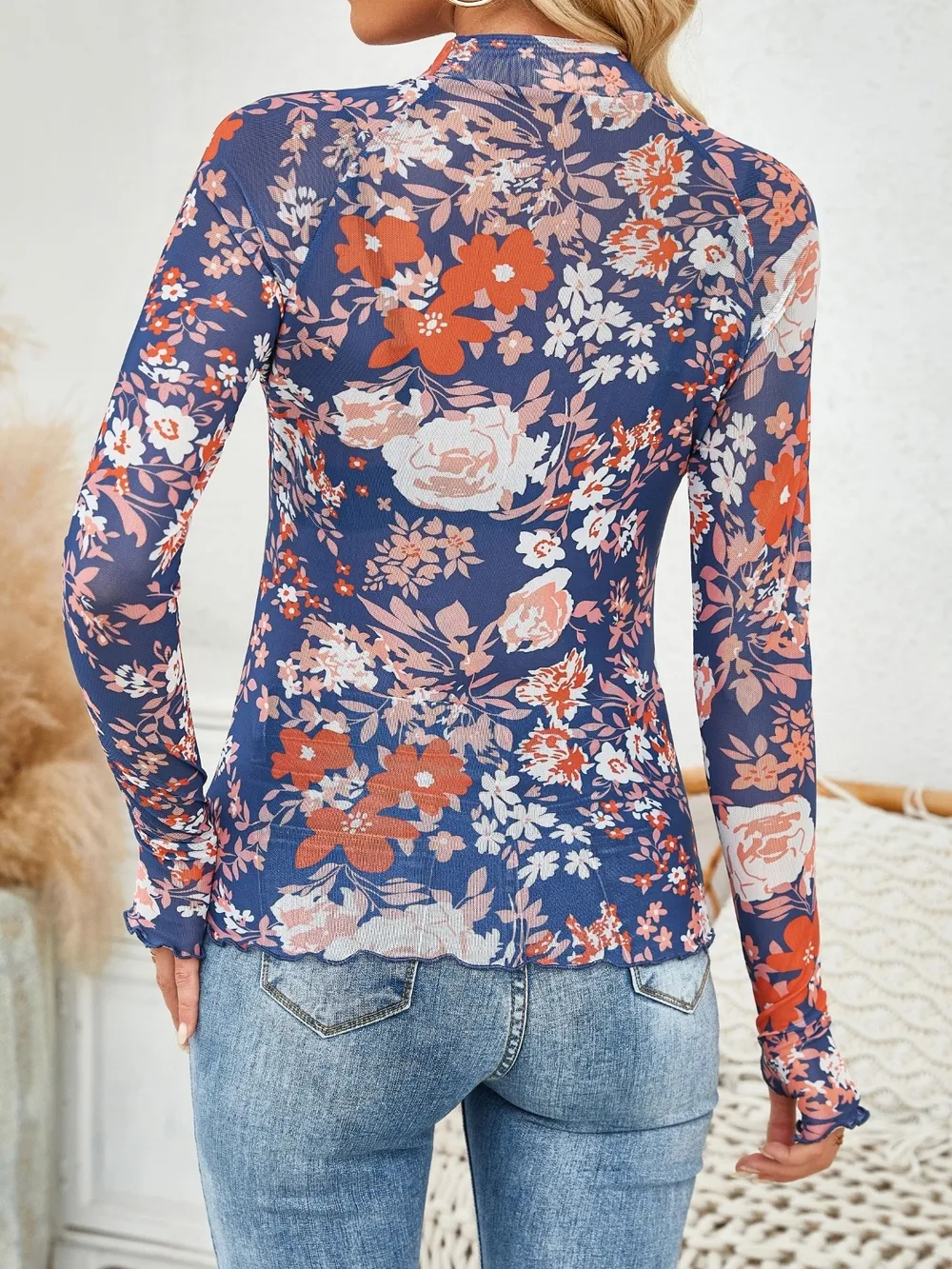 Floral Mock Neck Long Sleeve Top, image 27
