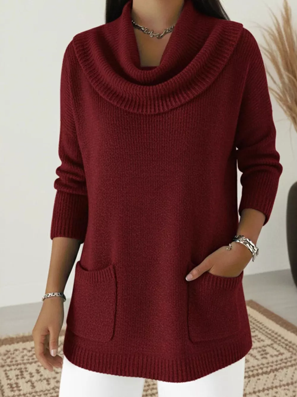 Full Size Cowl Neck Long Sleeve Sweater with Pockes Plus Size, image 8