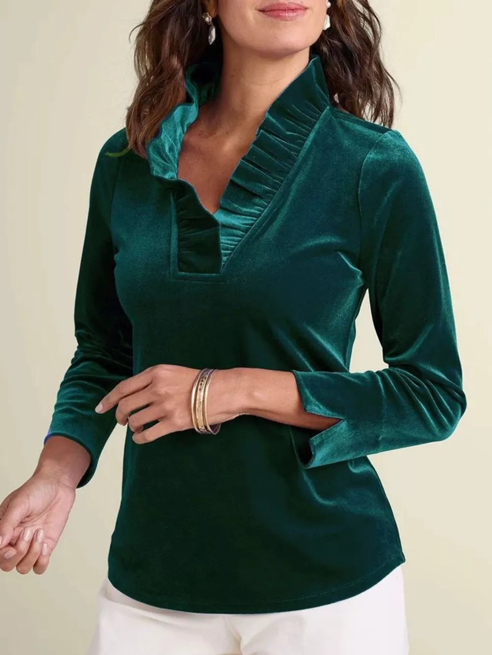 Velvet Long Sleeve Blouse with Ruffled V-Neck, image 5