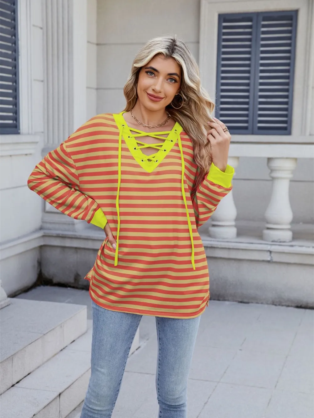 Lace-Up Striped Long Sleeve T-Shirt, image 10