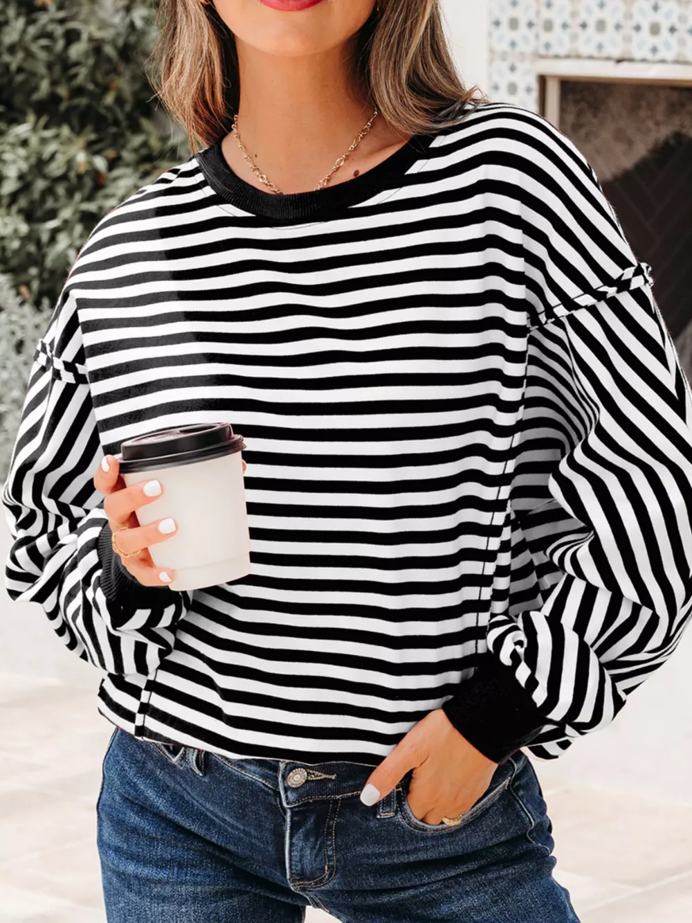 Stripe Exposed Seam Drop Shoulder Casual Pullover Top, image 2