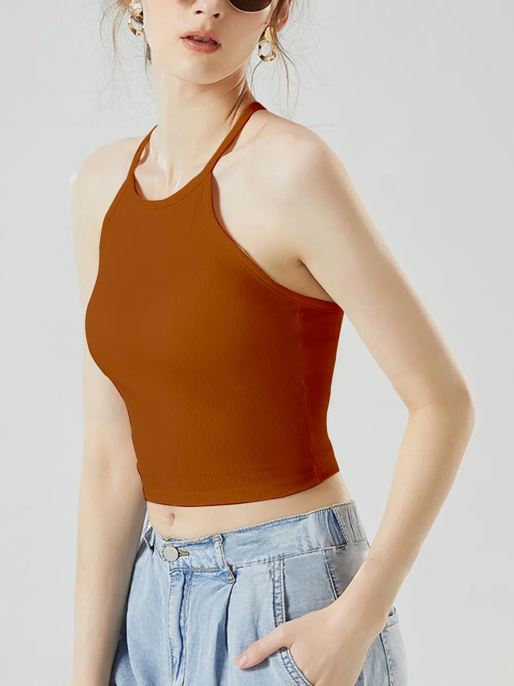 Grecian Neck Cropped Tank with Chest Pads, image 26