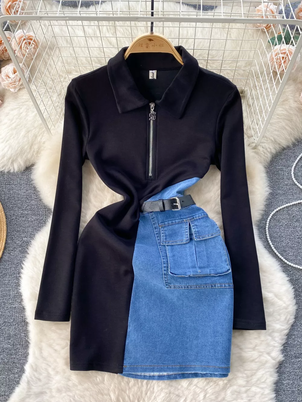 Full Size Color Block Denim Patchwork Mini Dress Plus Size, image 5
