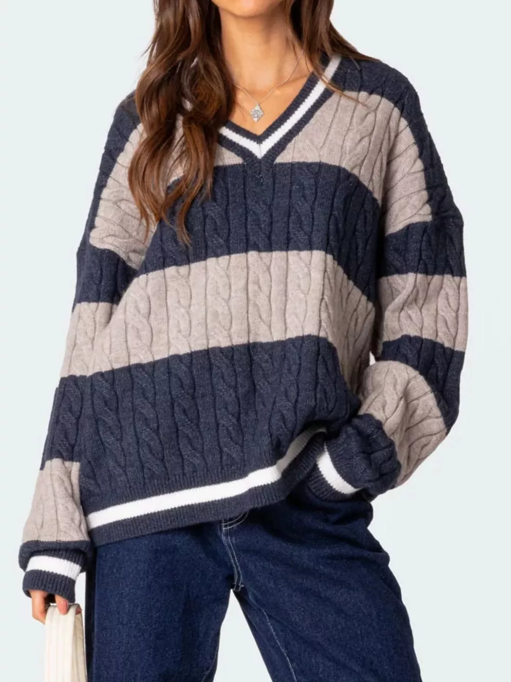 Striped Cable Knit V-Neck Sweater, image 11