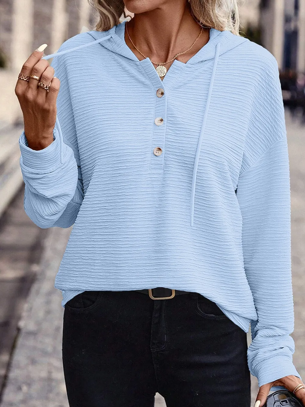 Drawstring Quarter Button Long Sleeve Hoodie, image 19