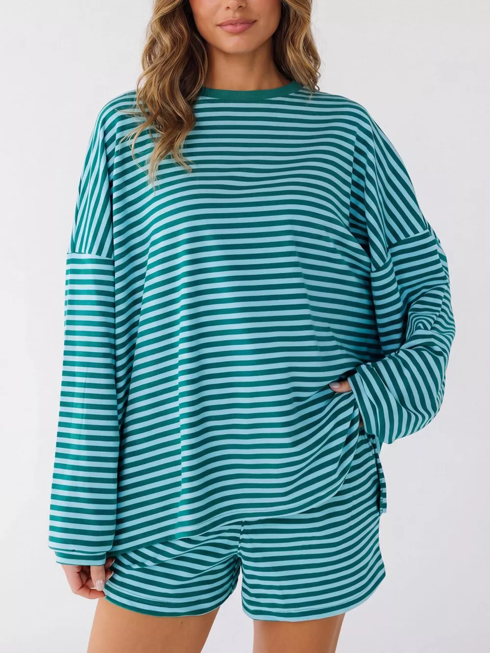 Casual Striped Long Sleeve Top and Shorts Set, image 2