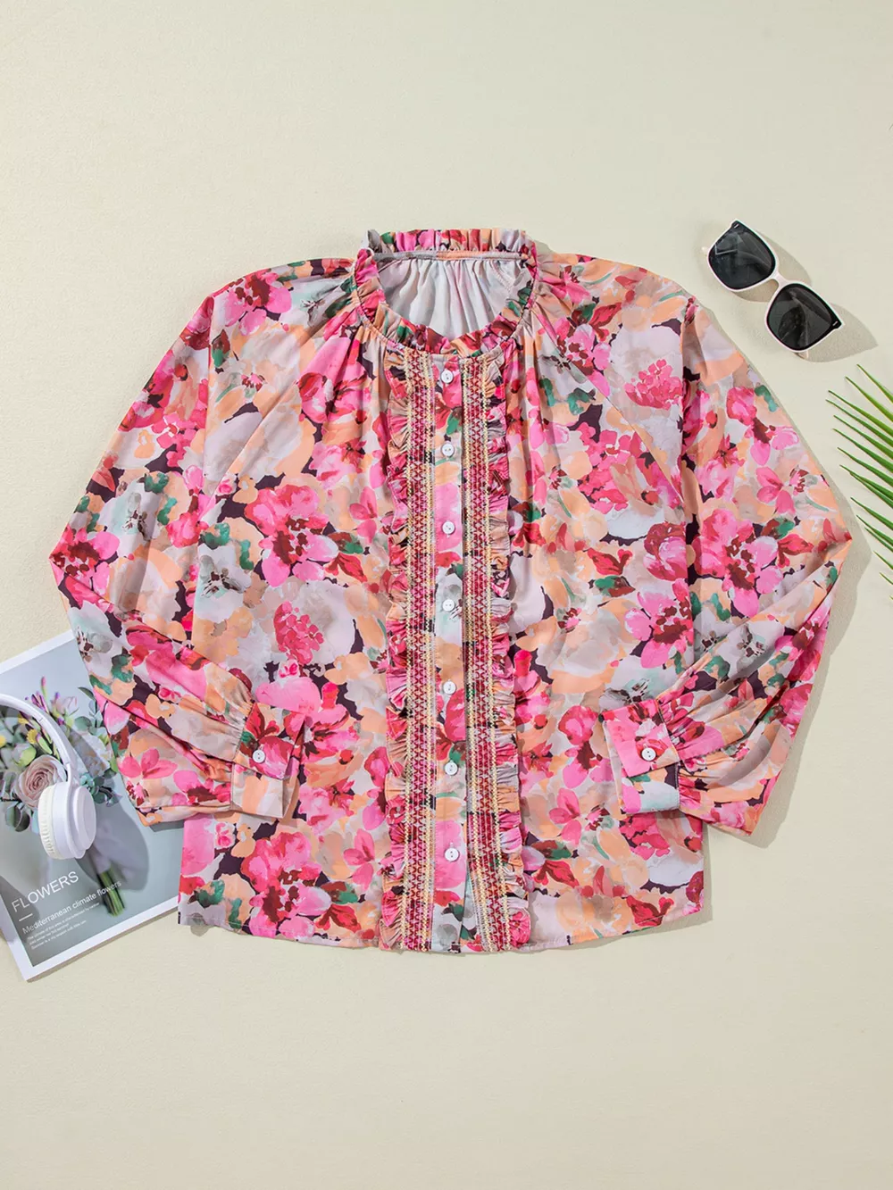 Floral Print Ruffle Trim Long Sleeve Shirt, image 10