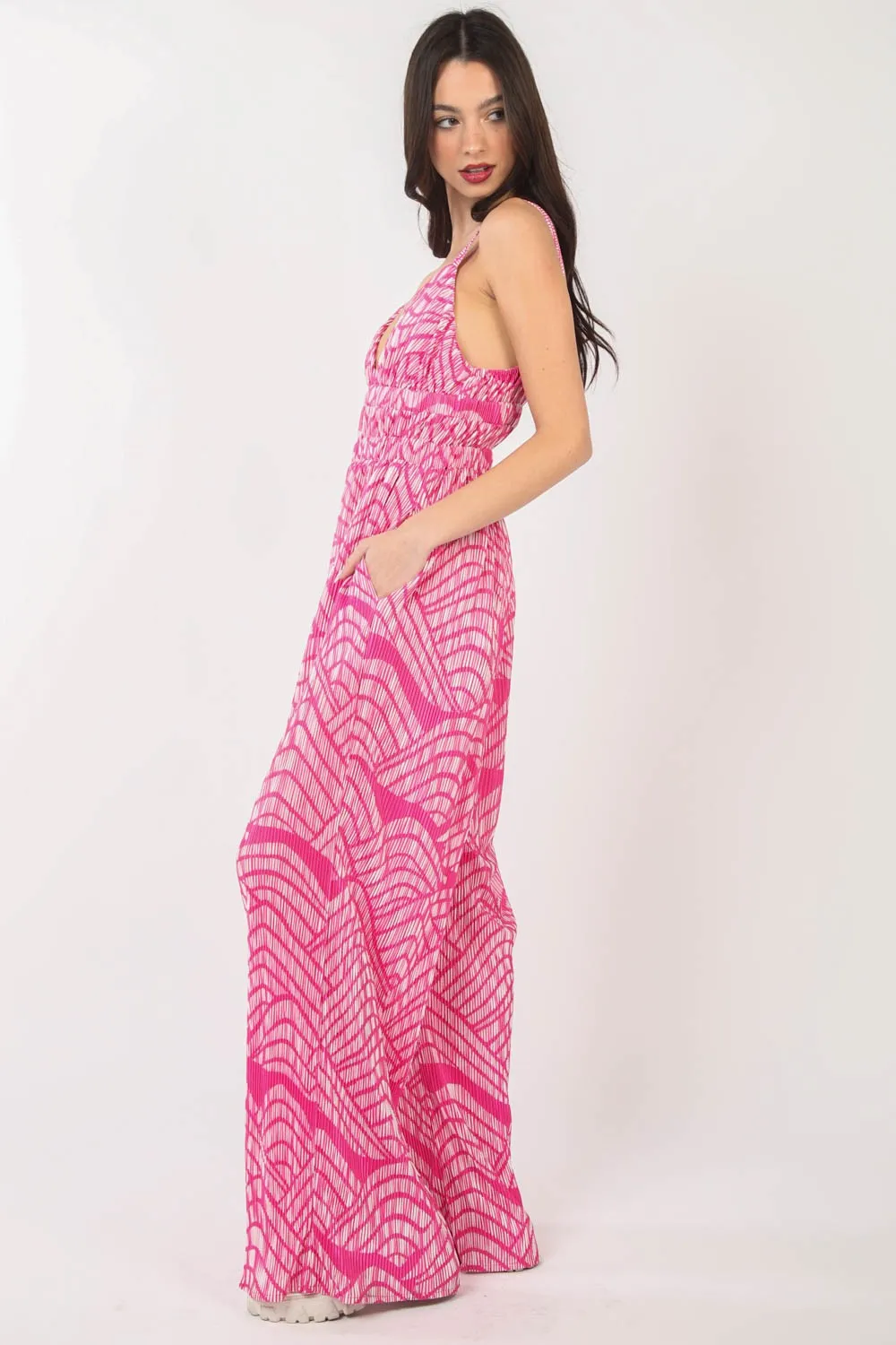 Printed Pleated Sleeveless Wide Leg Jumpsuit, image 5