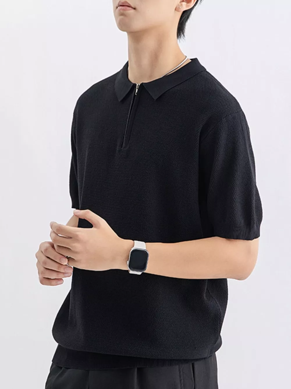 Men's Plus Size Textured Knit Zip-Up Polo, image 5