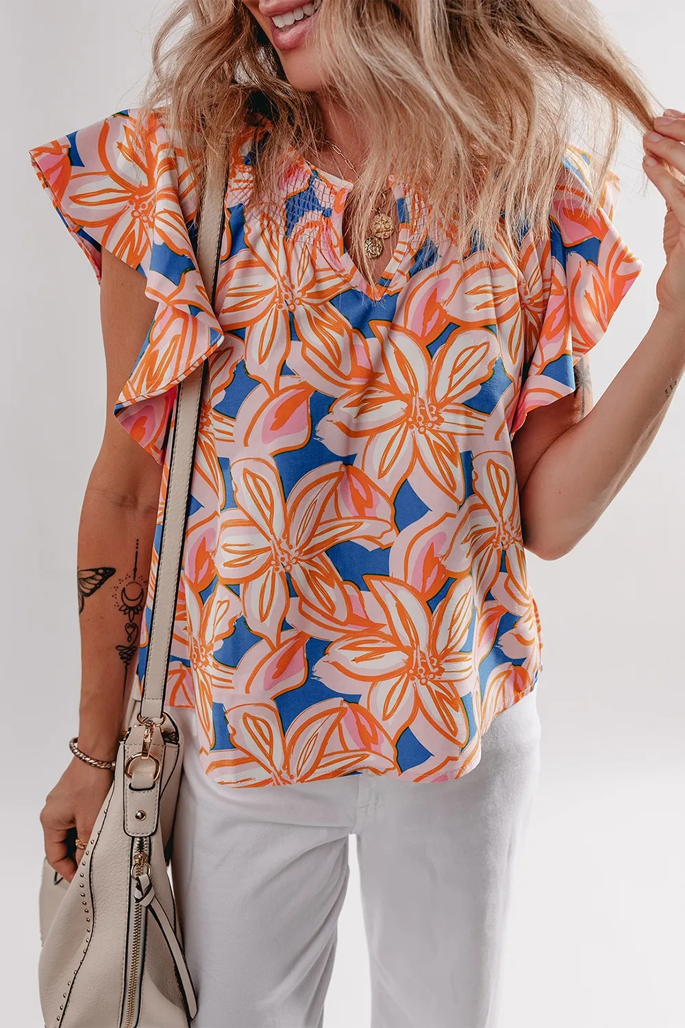 Flower Print Notched Neck Ruffle Sleeve Blouse, image 13
