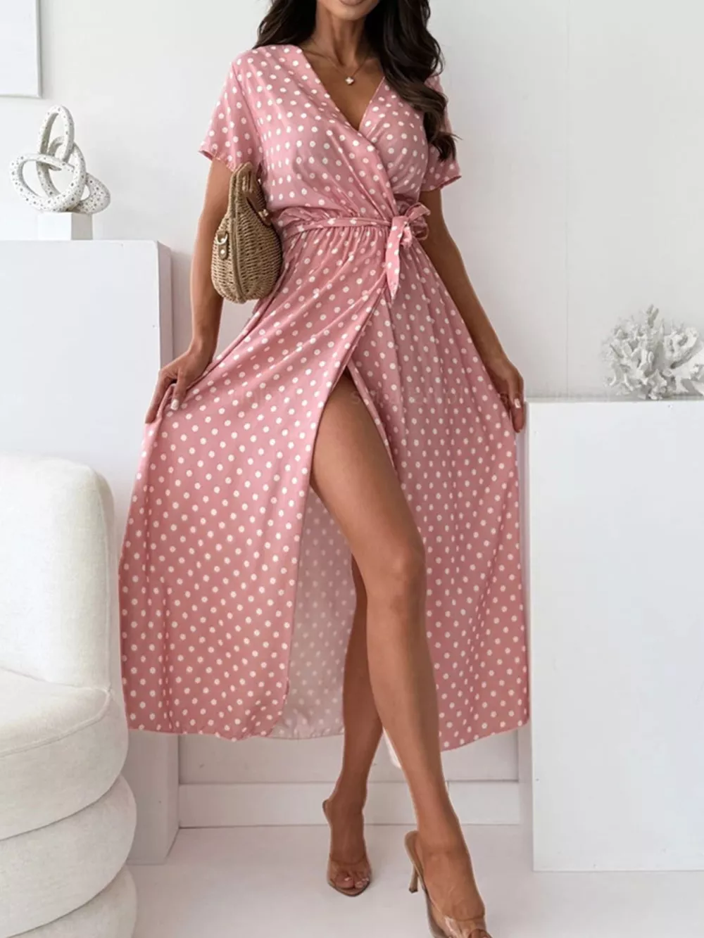 Polka Dot Surplice Maxi Dress with Slit, image 17