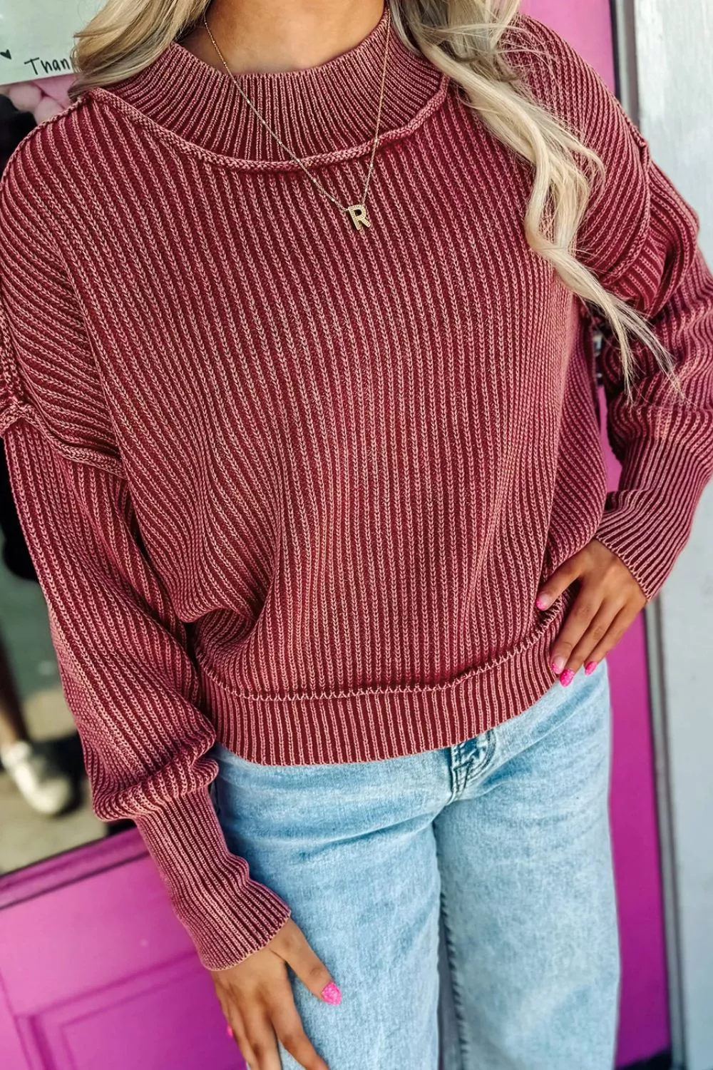 Drop Shoulder High Neck Ribbed Sweater, image 5