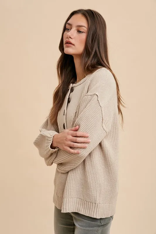 Half Button Ribbed Hem Sweater, image 2