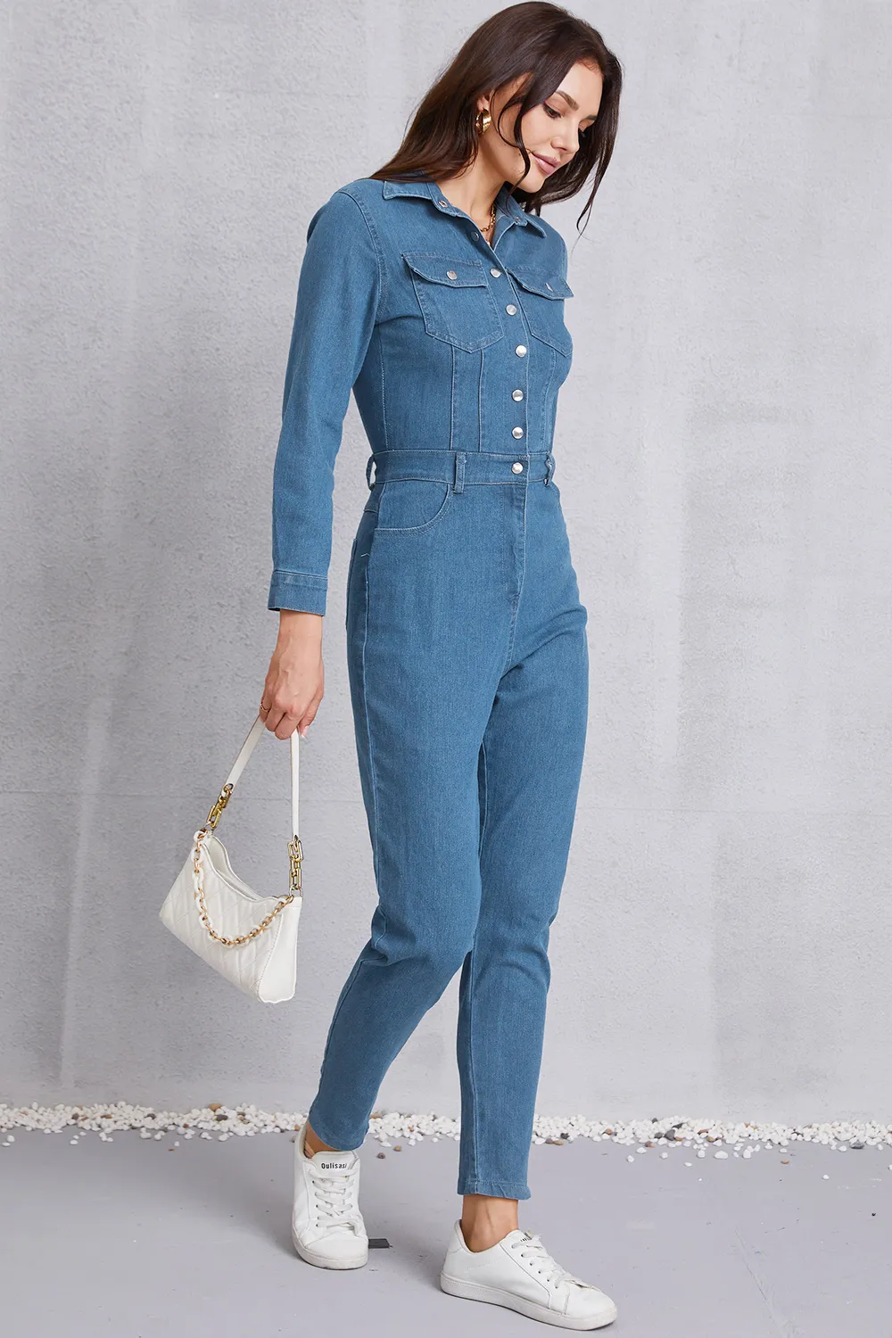 Snap Down Denim Jumpsuit with Pockets, image 5